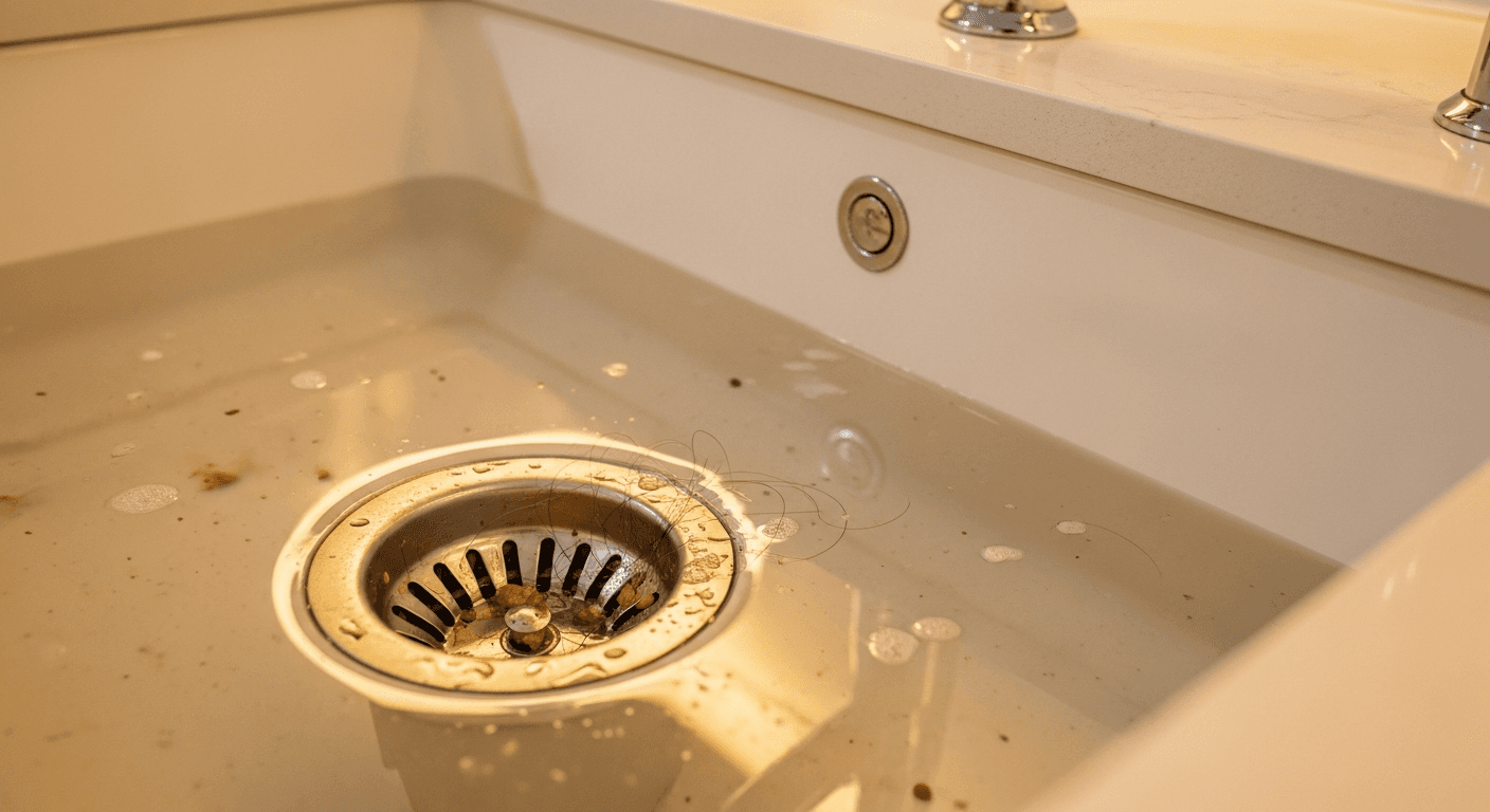 Verstopfter Abfluss in einem Waschbecken mit stehendem Wasser über dem Siphon
